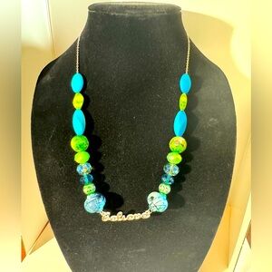 Silvertone Costume  “believe “ Necklace with Glass and Acrylic Beads. (D-P)